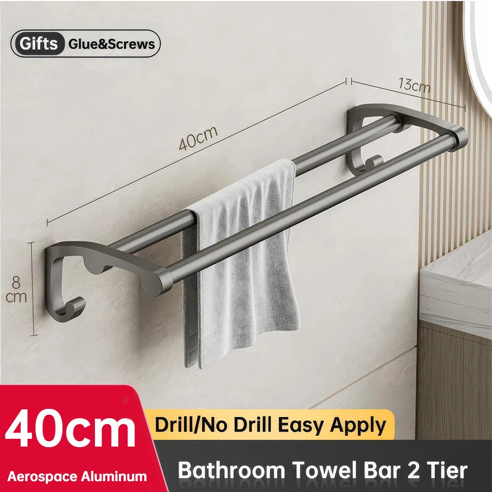 ORIENTAL YUHONG Aluminium Towel Rack Holder Double Bar Towel Hanger No Drill Wall Mount Shelf 40/50/60CM Bathroom Accessories
