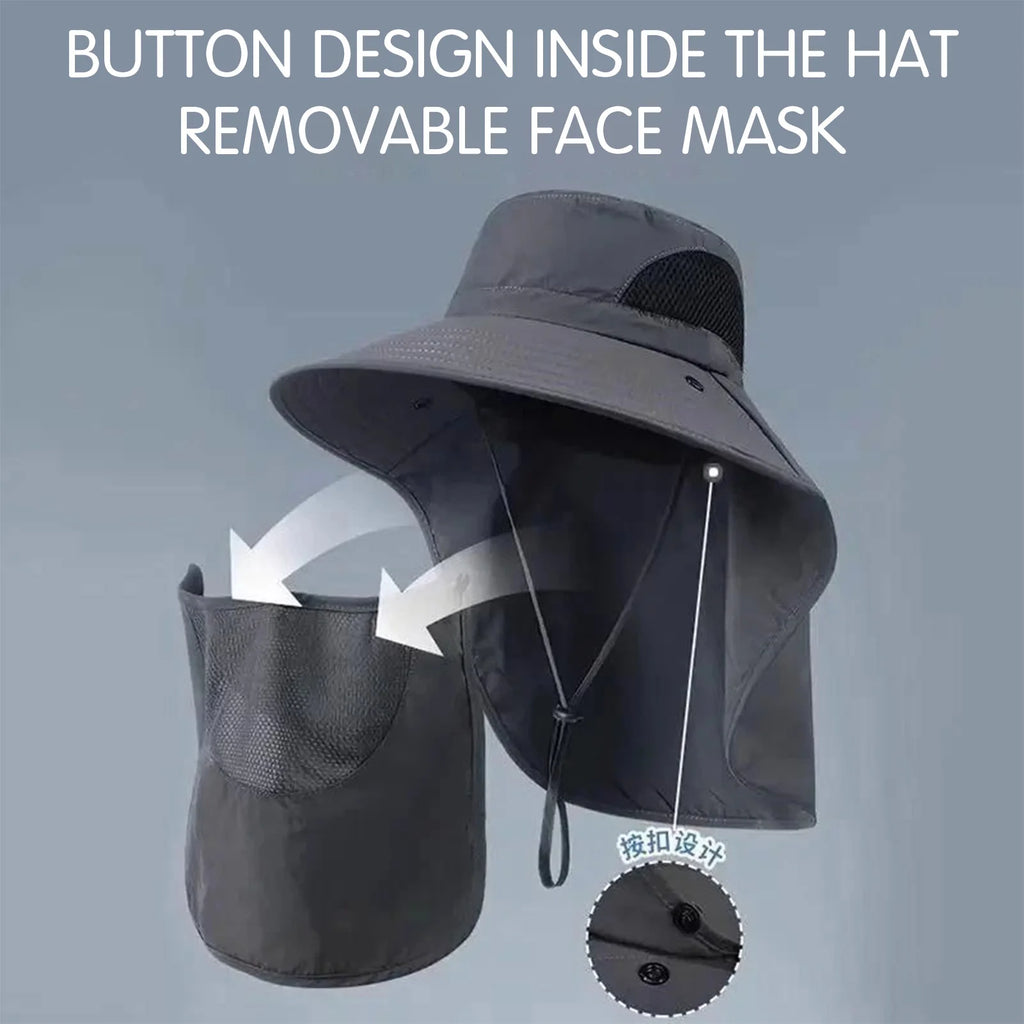Polyester Sun Fishing Hat With Neck Cover Wide Brim UV Protection Breathable With Chin Strap For Beach Hiking Men Women