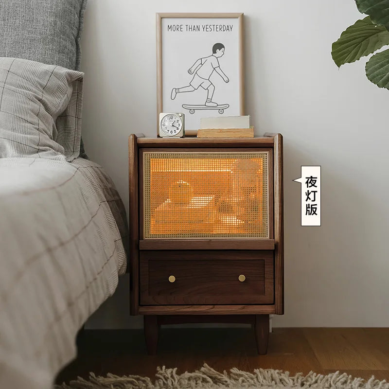 Rattan Weaving Bedroom Furniture, Bedside Table, Multifunctional Small Side Storage Cabinet, Solid Wood Night Stand Customized