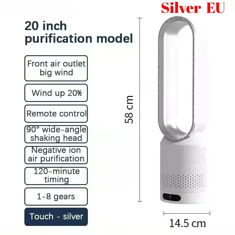 Smart Bladeless Tower Fan 8 Speed Settings Intelligent Timer 90° Oscillating Remote Control Quiet Air Circulator for Home Office