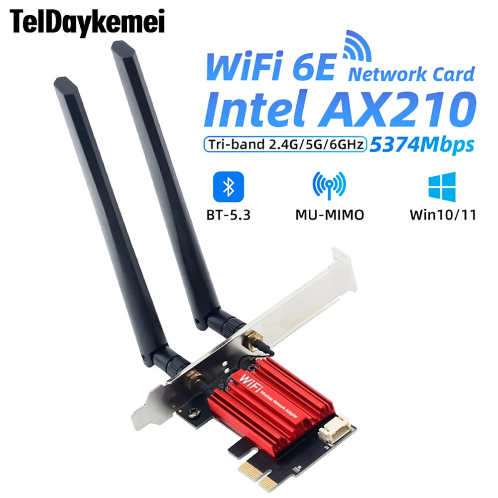 Wifi6e PCI-E Wifi Adapter AX210 5374Mbps Bluetooth 5.3 Tri Band 2.4G/5G/6G Wireless Network Card Windows 10 11 For PC