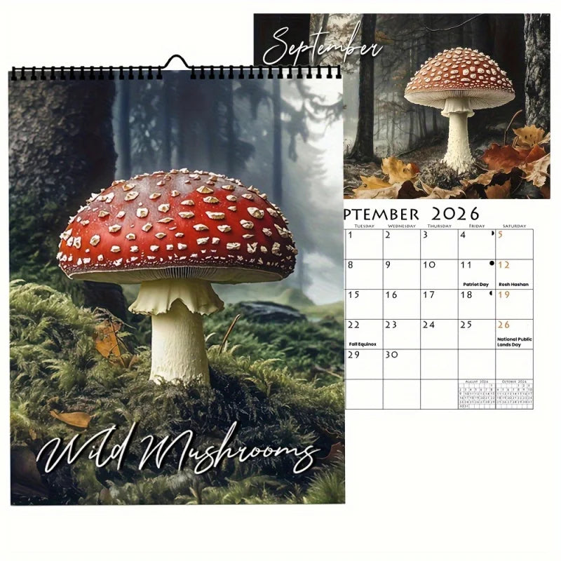 2026 Wild Mushroom Calendar - Red and white spotted mushroom，Including January to December and holidays