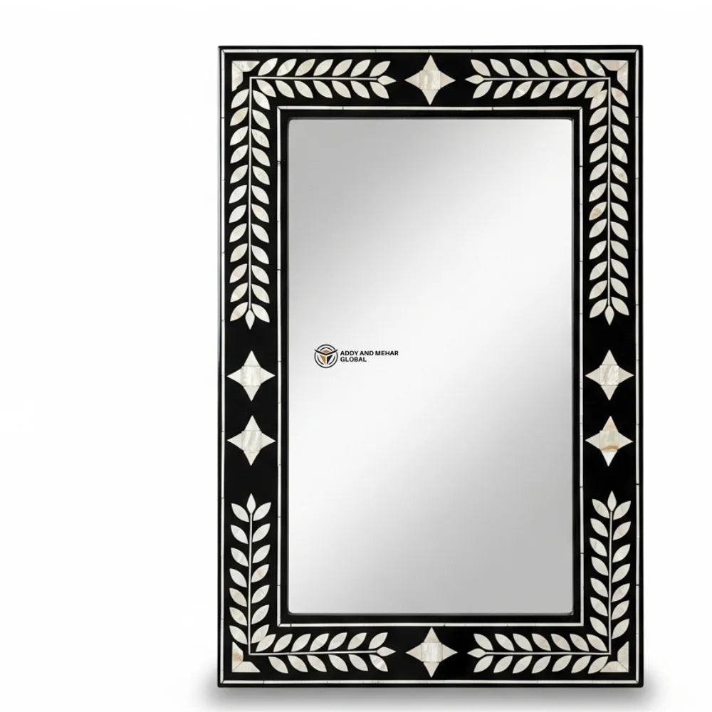 Handcrafted Black Square Art Deco Wall Mirror with Exquisite Mother of Pearl Laurel Inlay Geometric Detailing for Wedding Decor
