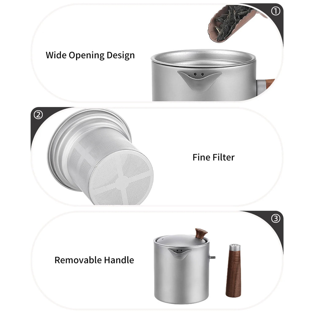 Tomshoo Titanium Kettles Wood Handle Titanium Teapot Portable Outdoor Camping Lightweight Coffee Pot With Fine Mesh Filter