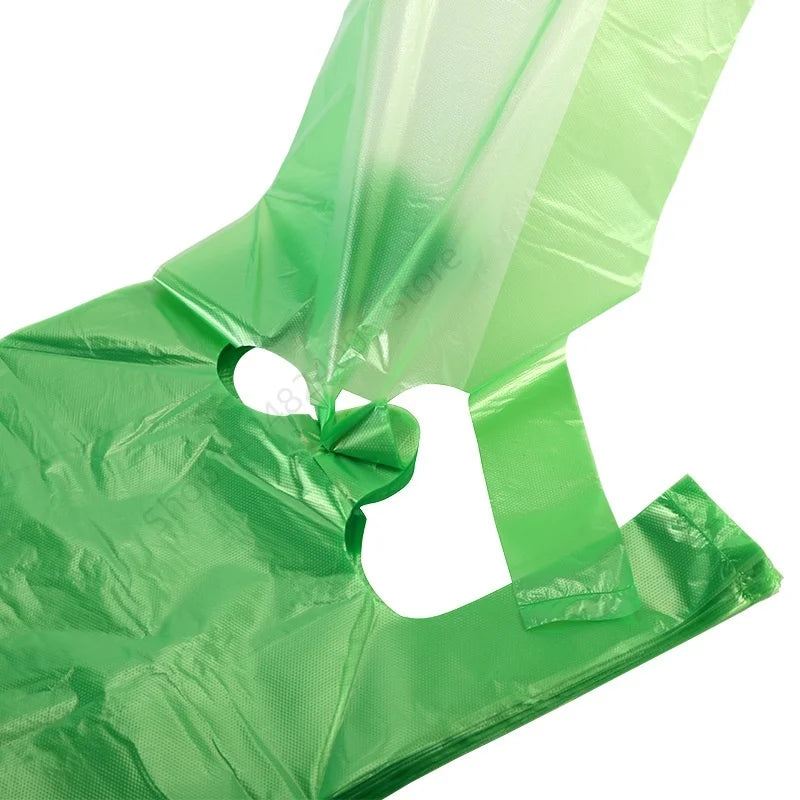 100Pcs Green Plastic Bag Disposable Vest Bag with Handle Kitchen Living Room Clean Food Packaging Supermarket Shopping Bag