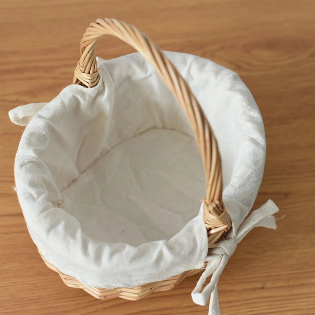 Tote Basket Mini Plus Cloth Lining Rattan Woven Weaving Bamboo Flower Basket with Washable Lining for Hiking Camping Picnic