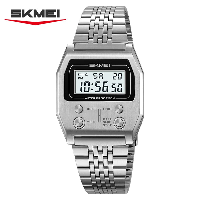 SKMEI 2460 Mens Wristwatches Stainless Steel Sport Luxury Retro LED Electronic Waterproof Digital Watch for Men Reloj Hombre