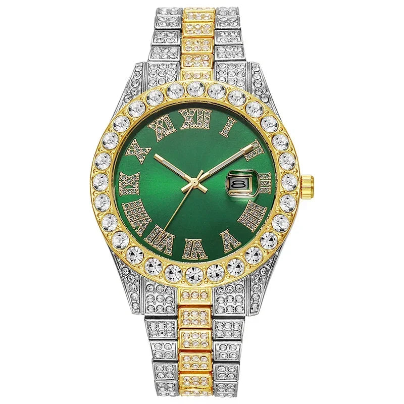 Stainless Steel Men's Watch Full Diamond Gold Quartz Watch Personality Hip-hop Feng Shui Ghost Roman Diamond Inlaid Men's Watch
