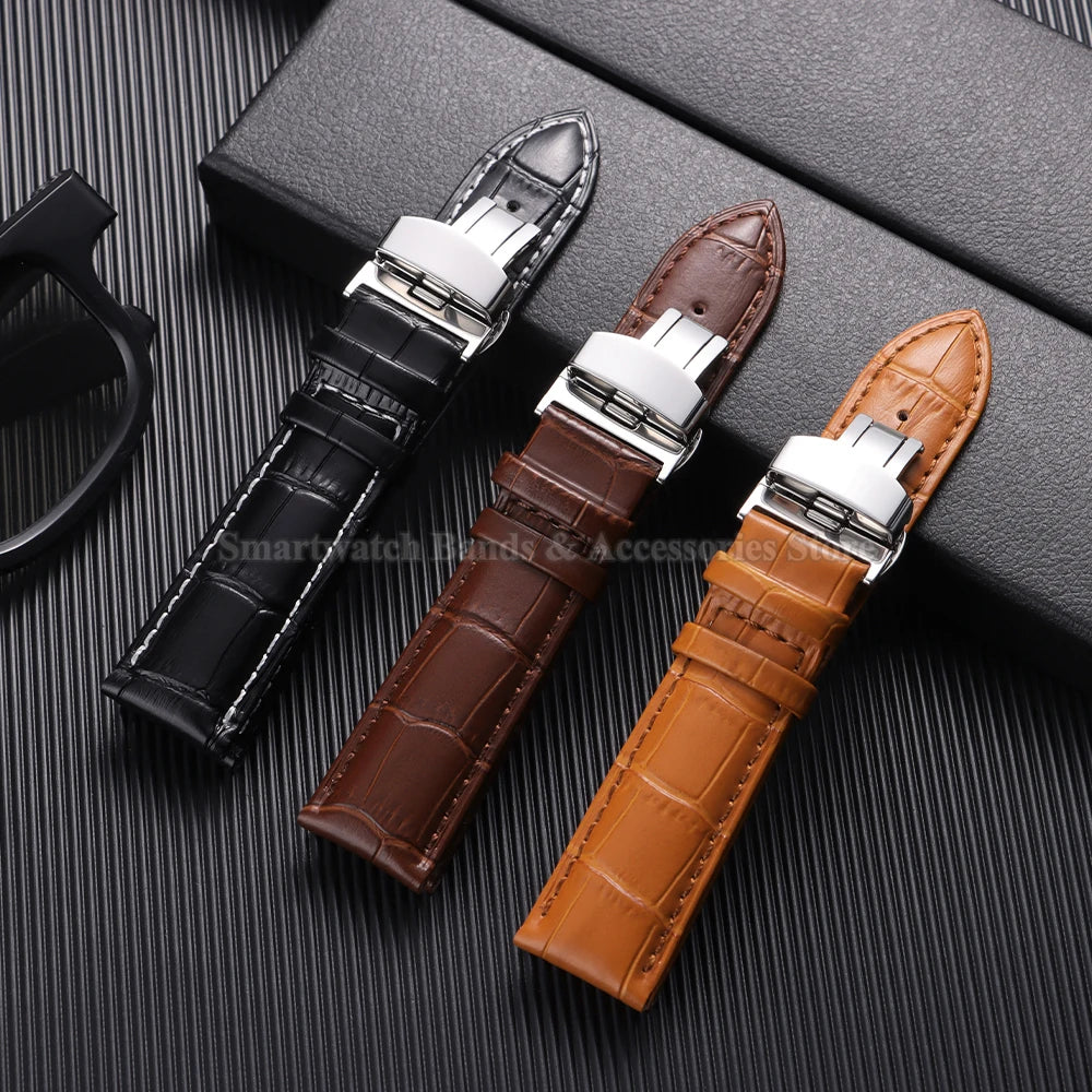 10/12/14/15/16/17/18/19/20/21/22/23/24mm Cowhide Leather Watch Strap Waterproof Sport Wrist Band Metal Butterfly Buckle Bracelet