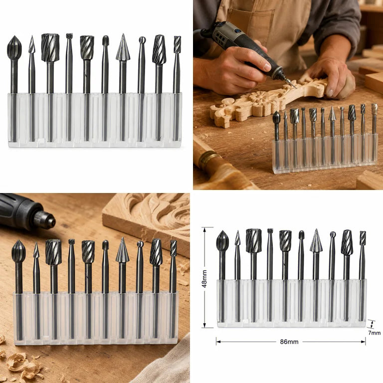 10Pcs Wood Grinding Files, High Hardness Rotary Burrs, Heat Treated Polishing Bits for Electric Grinder Deburring Drilling Trimm