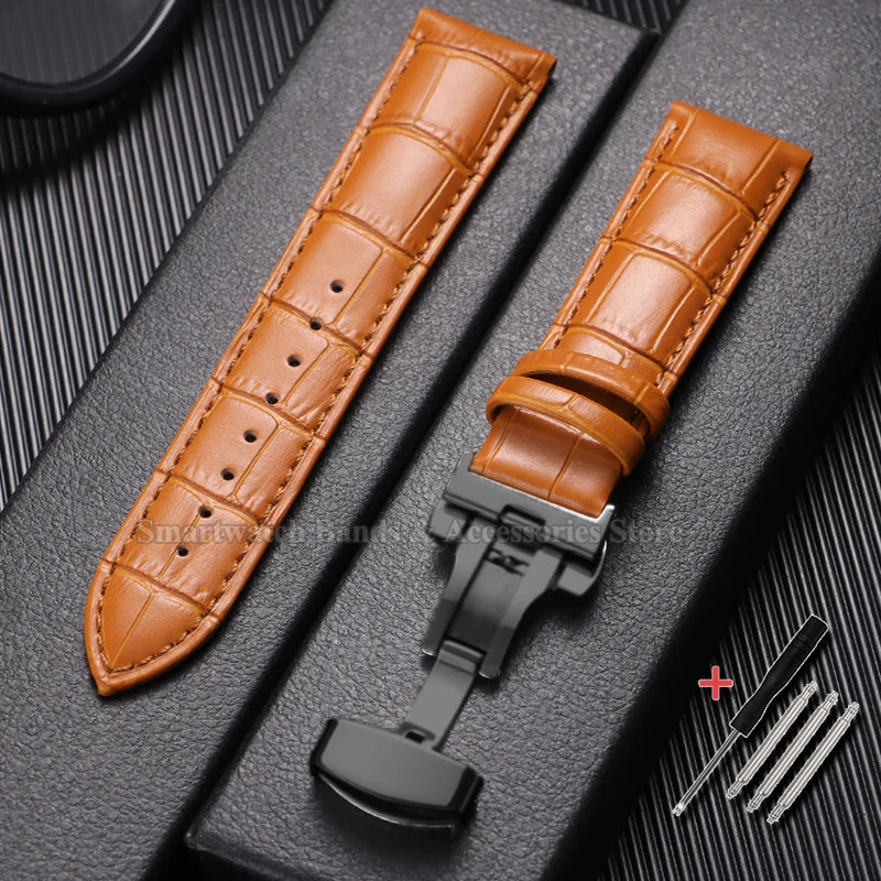 10/12/14/15/16/17/18/19/20/21/22/23/24mm Cowhide Leather Watch Strap Waterproof Sport Wrist Band Metal Butterfly Buckle Bracelet