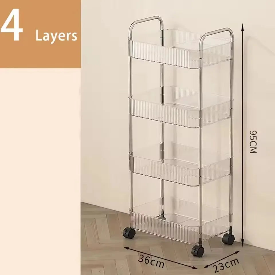 Multi-Layers Transparent Storage Rack with Wheels, Home Trolley Cart Suitable for Snacks Cosmetic Sundries and Kitchen Organizer