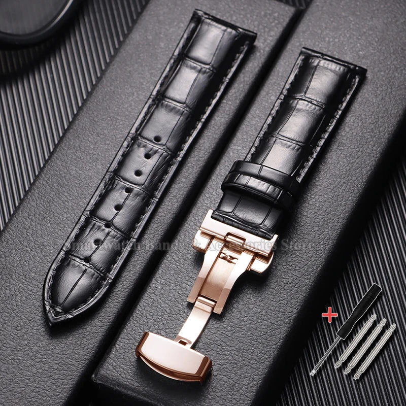 10/12/14/15/16/17/18/19/20/21/22/23/24mm Cowhide Leather Watch Strap Waterproof Sport Wrist Band Metal Butterfly Buckle Bracelet
