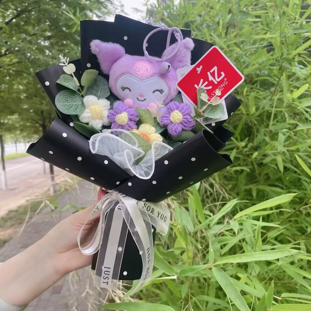 Genuine Sanrio Plush Toy My Melody Kuromi Cinnamoroll Hellokitty With Crochet Flowers Handmade Bouquets Christmas Birthday Gifts