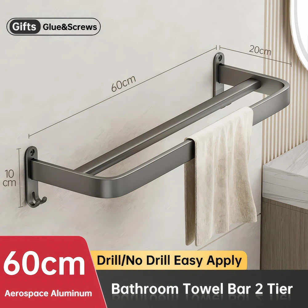 ORIENTAL YUHONG Aluminium Towel Rack Holder Double Bar Towel Hanger No Drill Wall Mount Shelf 40/50/60CM Bathroom Accessories