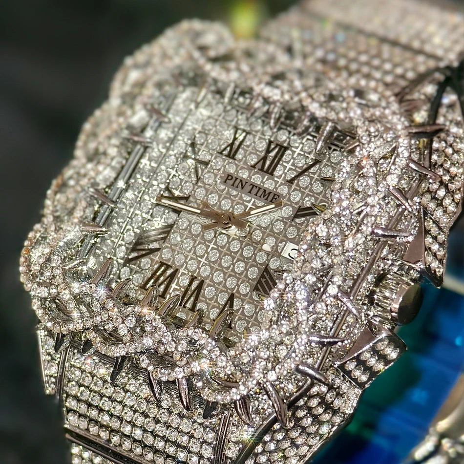 Black Spiked Diamond Quartz Watch Hip Hop Bling Full Crystal Wristwatch Men's Punk Style Daily Wear Jewelry with Gift Box