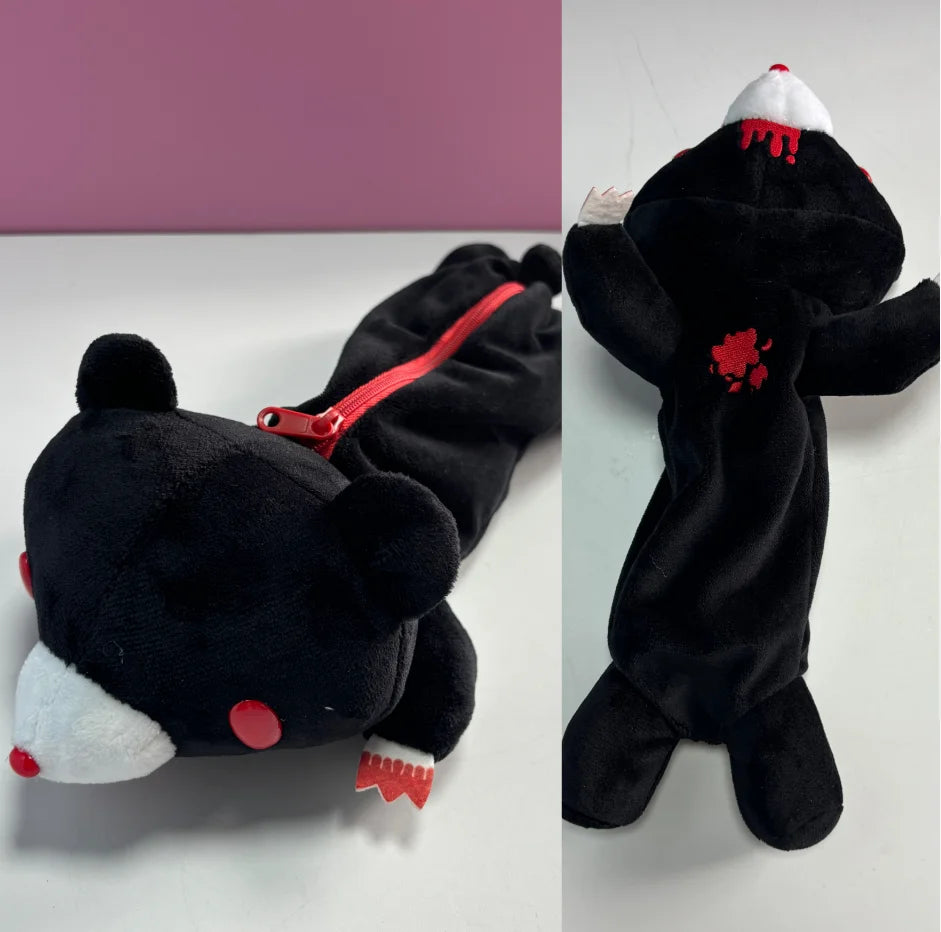 Cute Cartoon Bear Plush Pencil Case, Pink/Black Soft Stuffed Bear Pen Pouch, Creative Stationery Storage Bag for Students