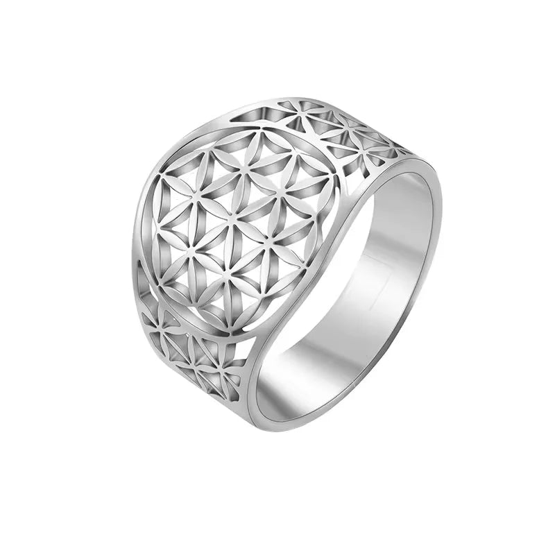 Stainless Steel Big Hollow Flower Of Life Ring Adjustable Sacred Geometry Rings For Women Men Jewelry