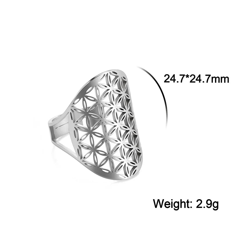 Stainless Steel Big Hollow Flower Of Life Ring Adjustable Sacred Geometry Rings For Women Men Jewelry