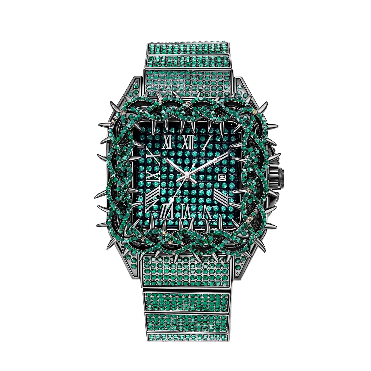 Black Spiked Diamond Quartz Watch Hip Hop Bling Full Crystal Wristwatch Men's Punk Style Daily Wear Jewelry with Gift Box