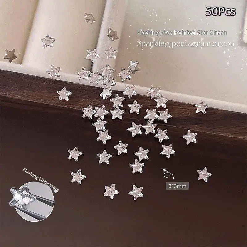 ●50Pcs/pack Star Zircon Nail Rhinestone Nail Art Charm Sparkle 3D Nail Rivet Flat Bottom Nail Decoration Parts
