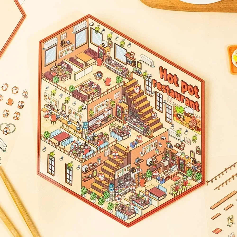 New Cartoon 3D Landscape Sticker Book Three-dimensional DIY Cabin Scene Pocket Sticker Miniature Scene Book Student Kid Child