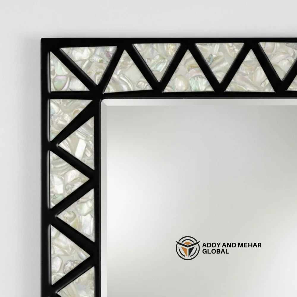 Luxury Square Mother of Pearl Inlay Art Deco Eco-Friendly Handmade Wall Mirror with Black Geometric Frame for Wedding Decor