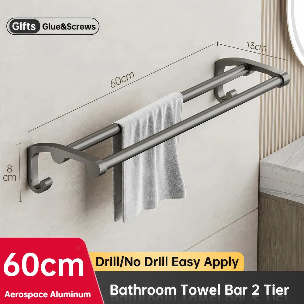 ORIENTAL YUHONG Aluminium Towel Rack Holder Double Bar Towel Hanger No Drill Wall Mount Shelf 40/50/60CM Bathroom Accessories