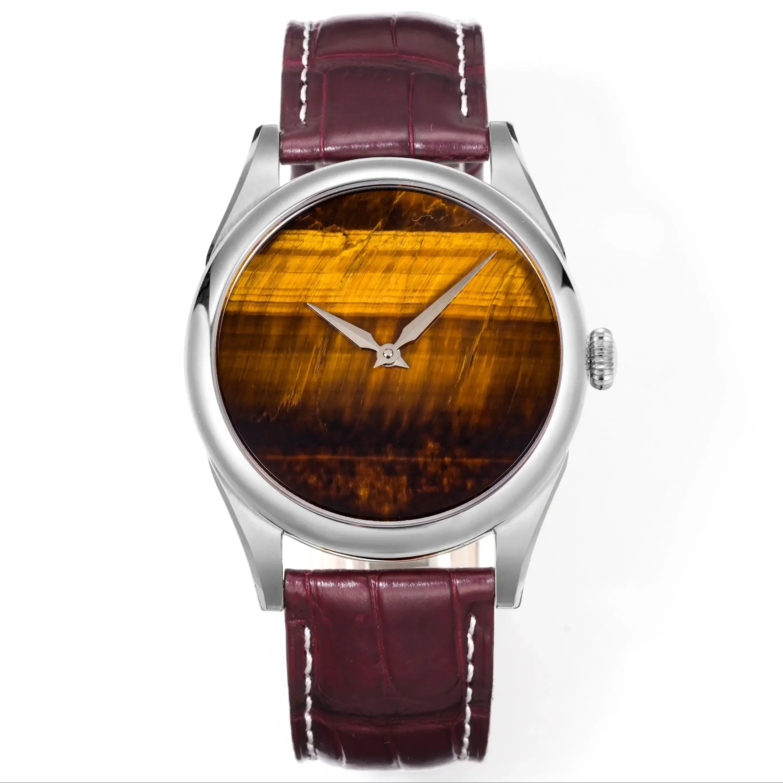 HUASUO New 38mm Business Men Watch Tiger Eye Stone Dial PT5000 Automatic Mechanical Gemstone Wristwatch Sapphire Waterproof 50M