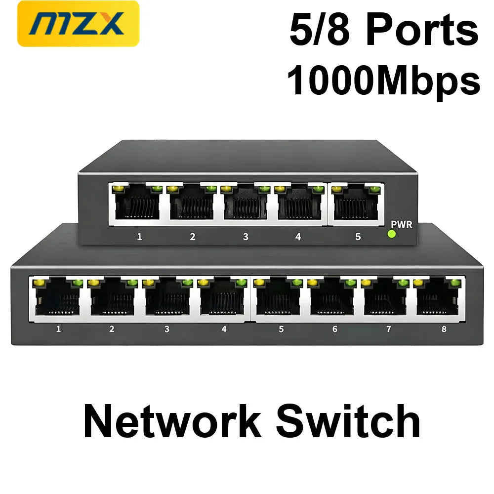 MZX Gigabit Network Switch 5 8 Ports 1000Mbps Networking Switcher RJ45 Hub Ethernet Stable Smart Internet Laptop PC Accessories