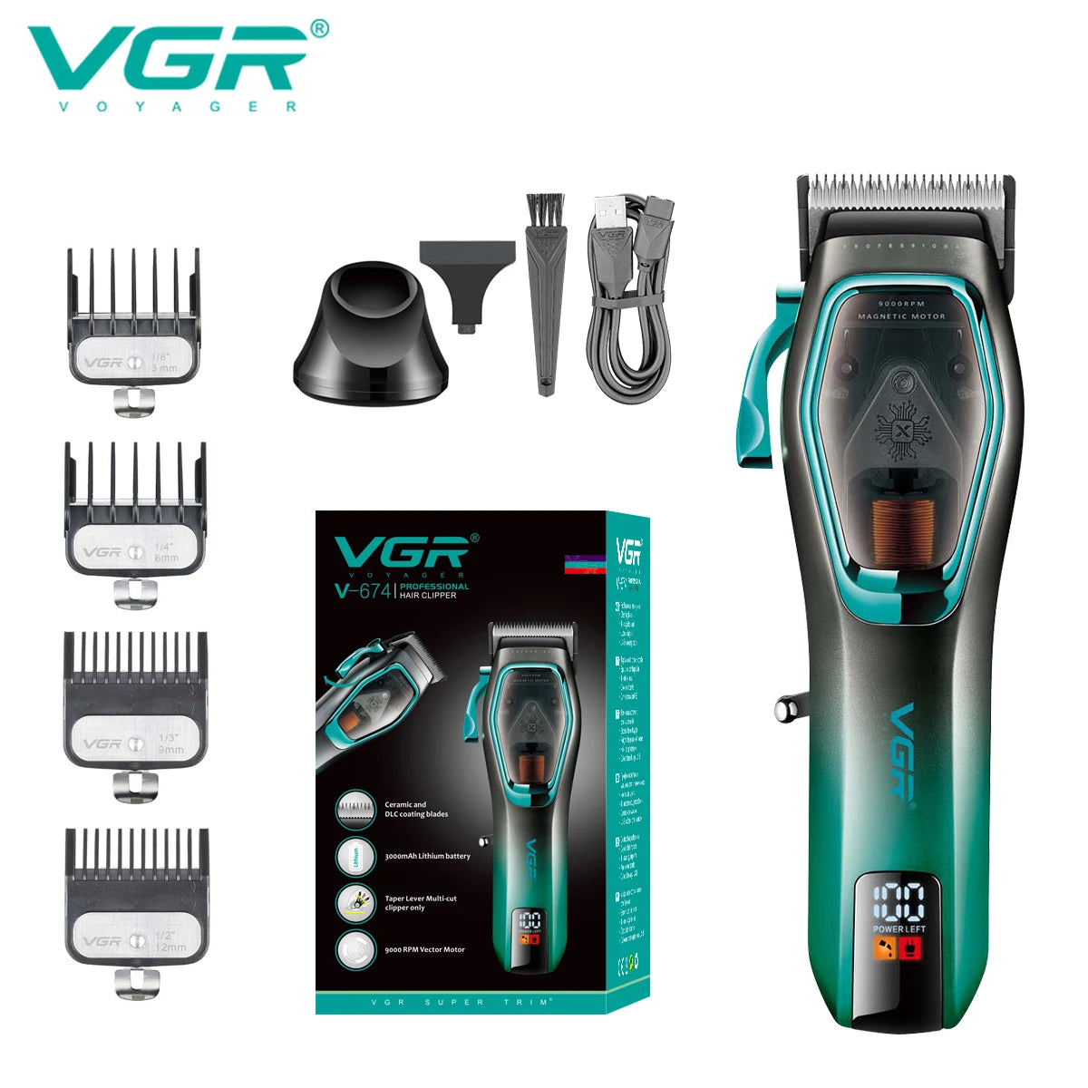 VGR Hair Clipper Professional Hair Trimmer 9000 RPM Hair Cutting Machine Adjustable Barber Haircut LED Trimmer for Men V-674
