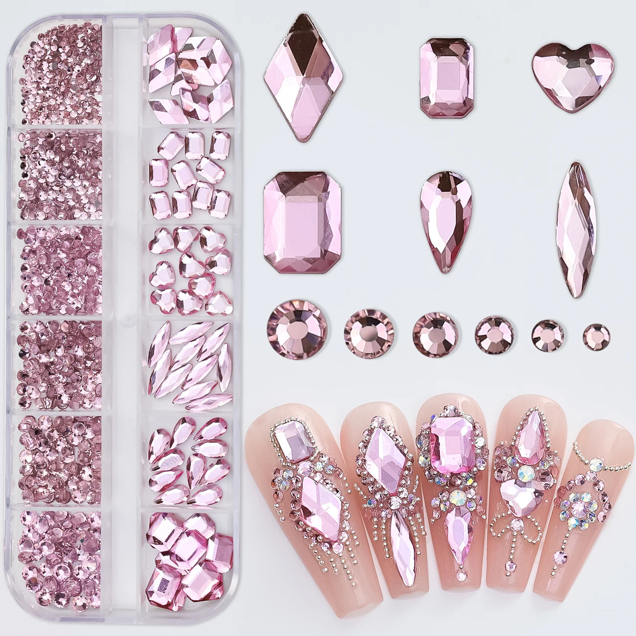 12Grids 3D Pink Nail Art Rhinestones Flatback Glass Gems Stones Nail Art Decorations Luxurious Diamond DIY Manicure Accessories