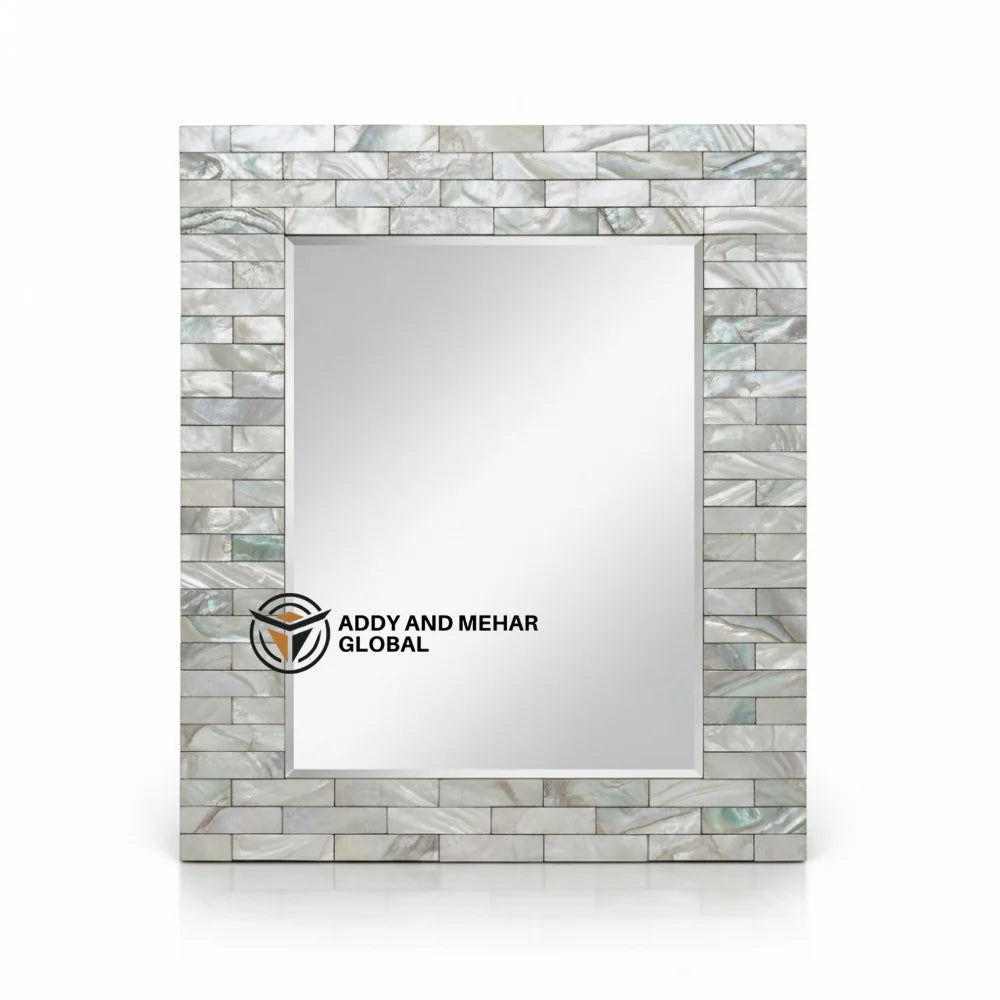 Luxury Mother Pearl Inlay Handmade Shell Wall Mirror Gray Frame Art Deco Design Eco-Friendly Wedding Decor Addy Mehar Global