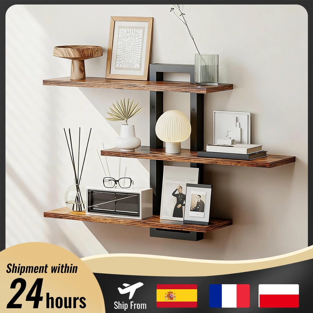 Retro Wooden Wall Shelves 3-tier Floating Shelf for Plants Decor Home Living Room Kitchen Bedroom Wall Mounted Display Rack
