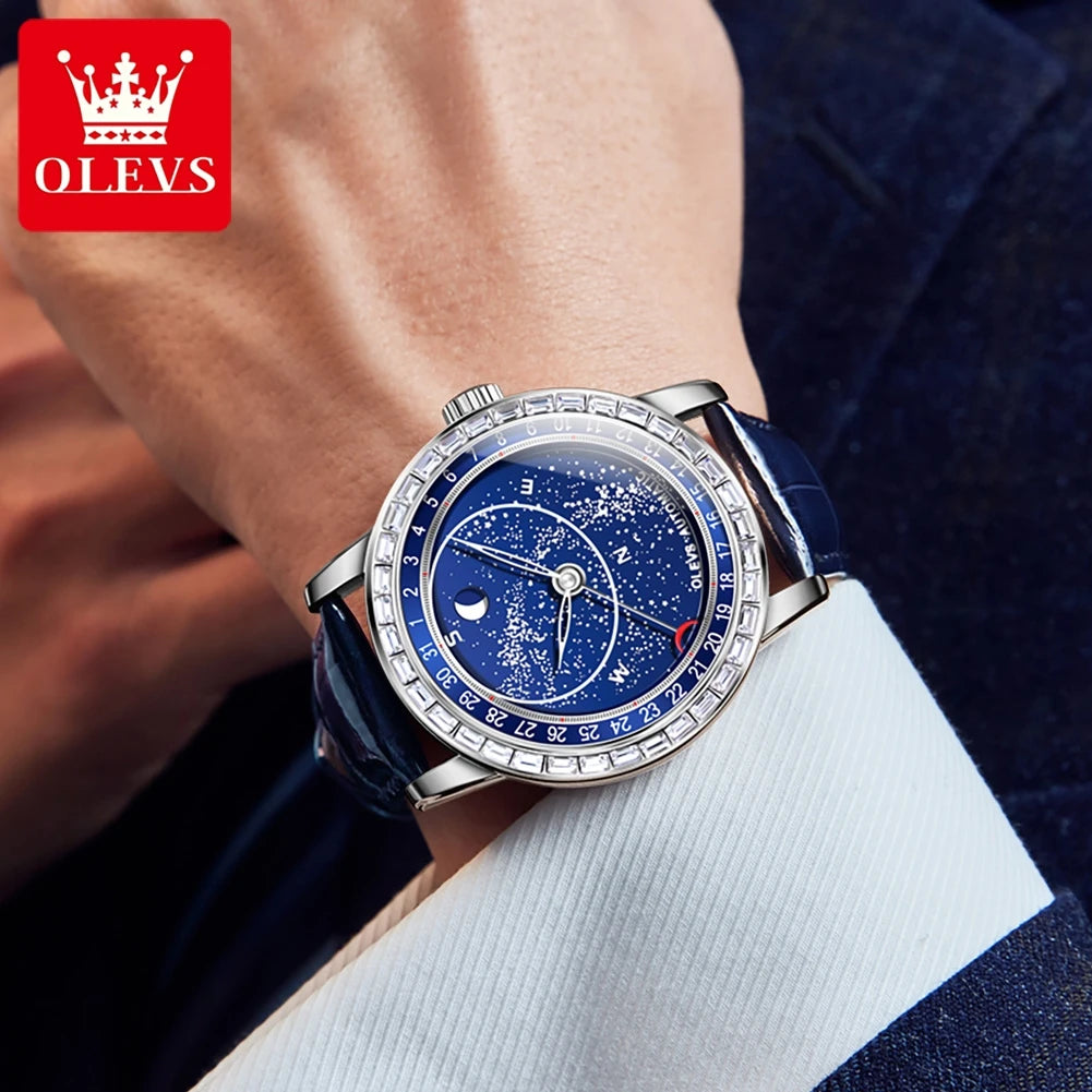 OLEVS Original Men's Automatic Mechanical Watch Fashion Business Leather Strap Luxury Diamond Starry Sky Moon Phase Men's Watch