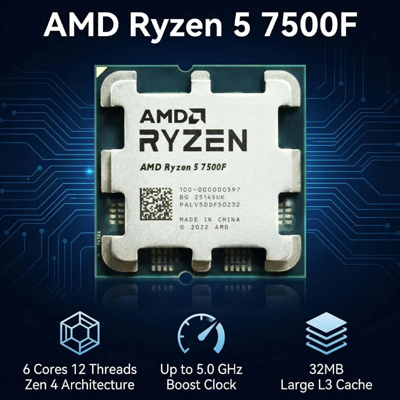 AMD Ryzen 5 7500F CPU R5 7500F 3.7GHz 5NM L3=32M 100-000001015 Socket AM5 New but no fan