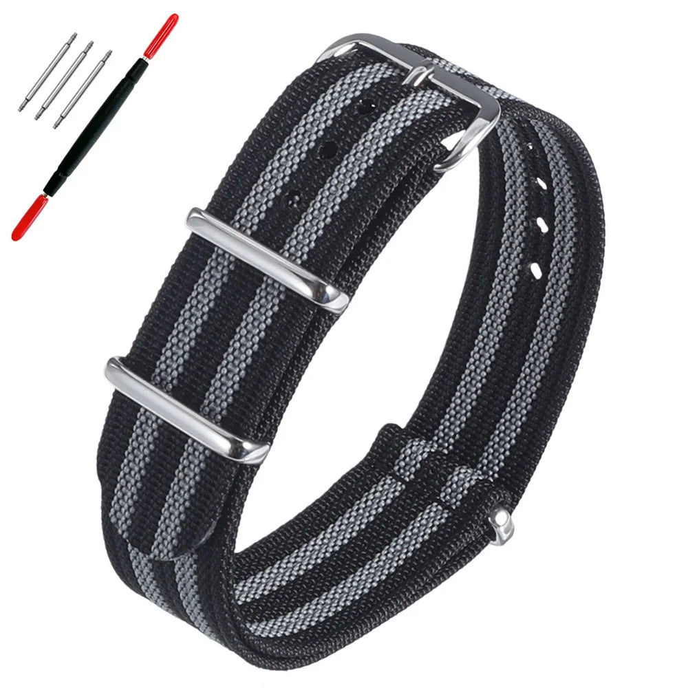 16mm 18mm 19mm 20mm 22mm 24mm Durable Nylon Ribbed Watch Strap Stripped Sport Watch Band Replacement Wristband Belt Accessories