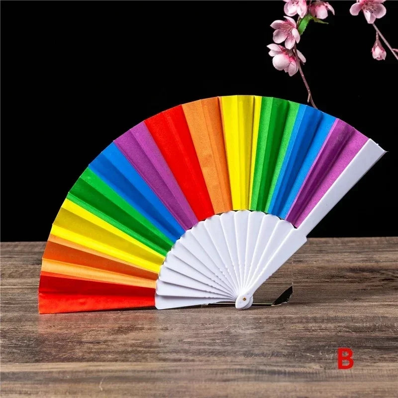 Plastic Hand Crank Fan Foldable Oriental Style Rainbow Silk Fabric Pocket Hand Fans Party Fovor Personality Dance Fan Gifts