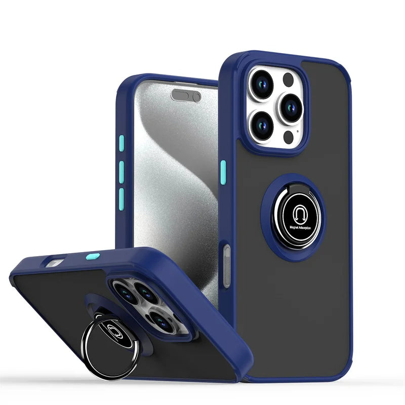 Shockproof Matte Hard PC Armor Case For iPhone 16 15 14 13 12 11 Pro Max Mini XS XR X 16e Car Magnetic Holder Ring Stand Cover