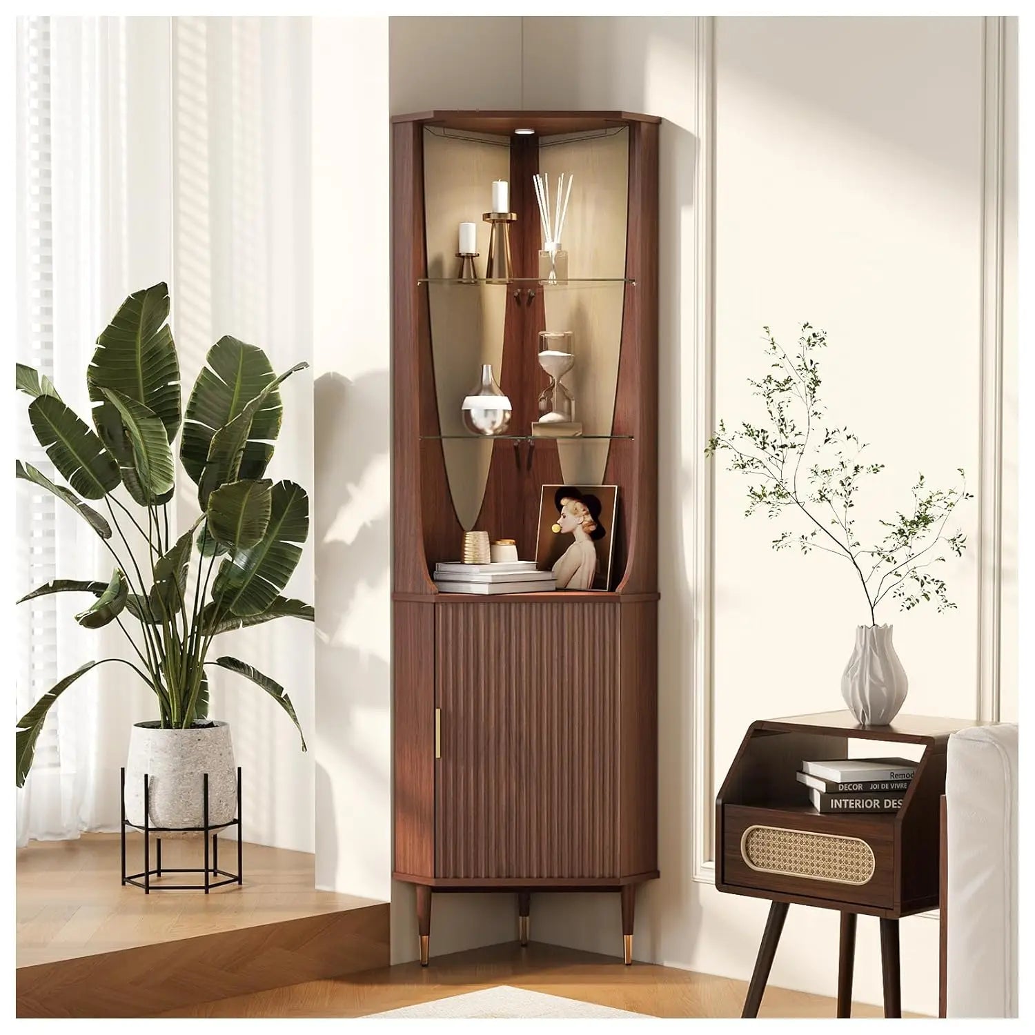 70" Tall Corner Bar Cabinet, Mid-Century Modern Fluted Storage Cabinet with Glass Shelves, Door & LED Lighting,, Customized