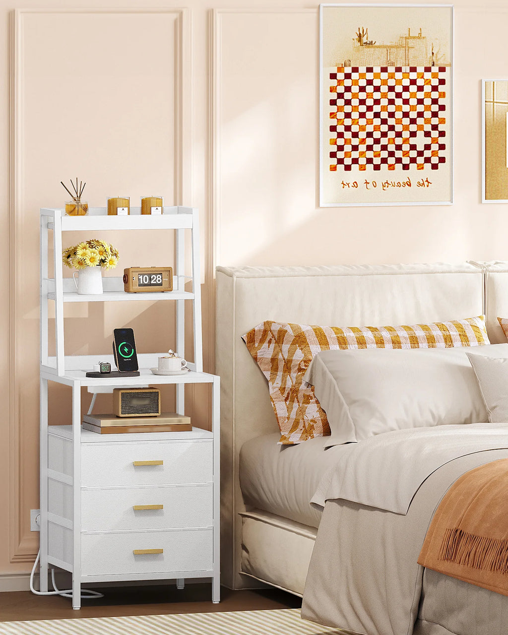 Bedside Table with Charging Function and Storage Compartment Metal 2 Sockets and 2 USB Ports Side Table with 3 Drawers Modern