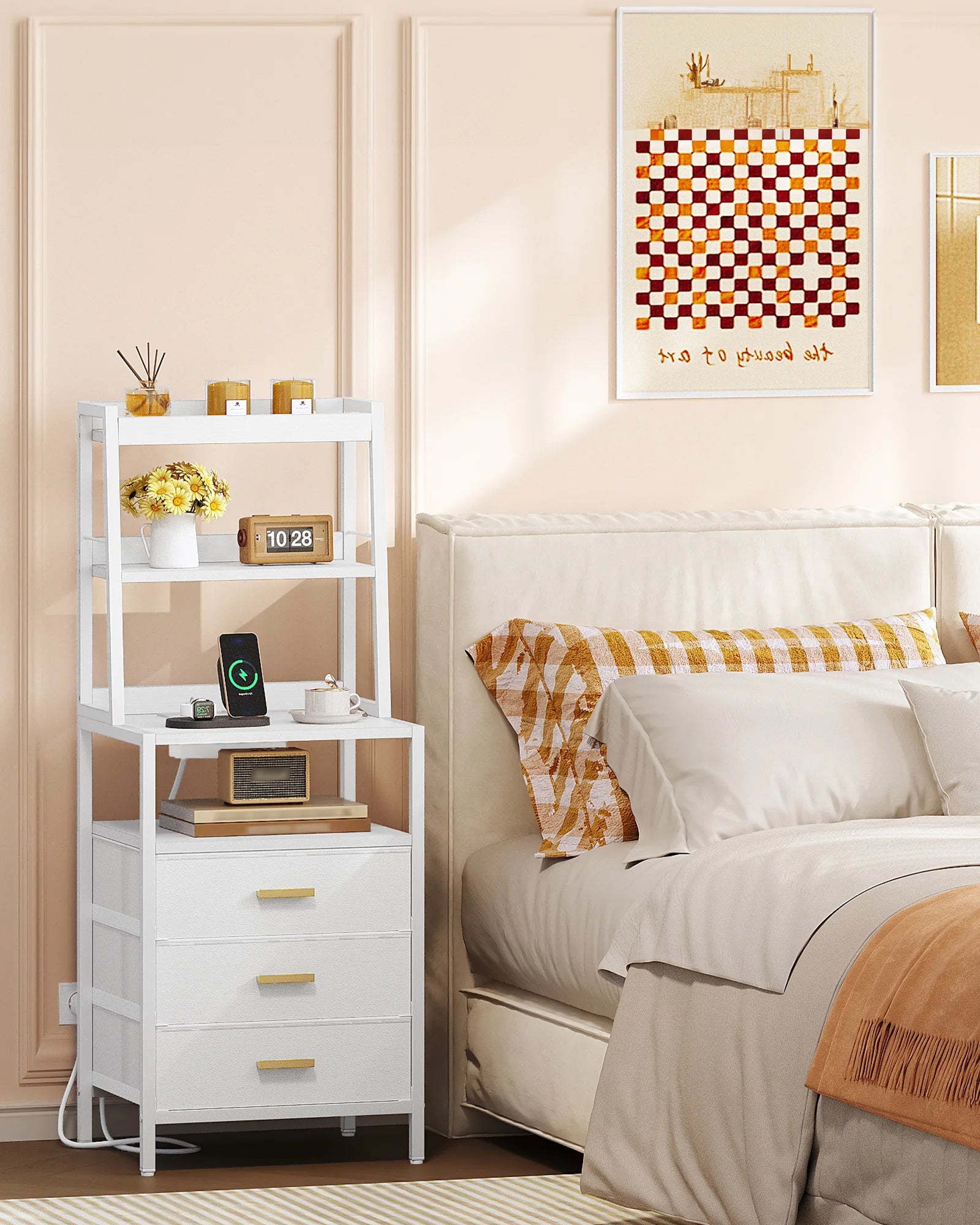 Bedside Table with Charging Function and Storage Compartment Metal 2 Sockets and 2 USB Ports Side Table with 3 Drawers Modern