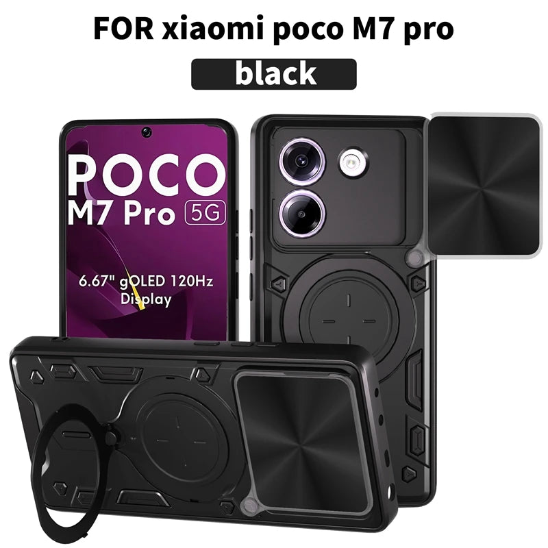 For Xiaomi POCO M7 Pro 5G Case Armor Car Magnetic Holder Ring Phone Case For Mi Poco M7 Pro M7Pro Slide Lens Protector Cover