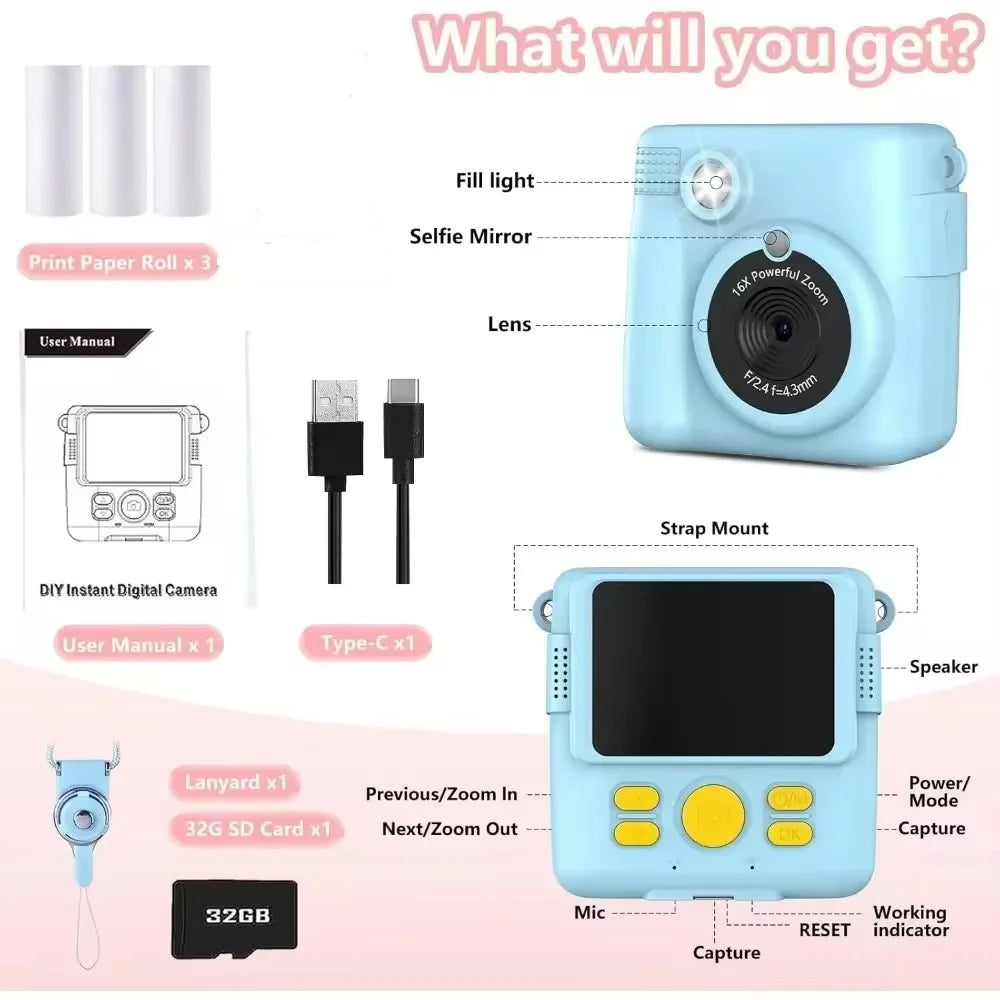 1080P Kids Camera Instant Print Portable Kids Camera with  32GB Card3 and Rolls Photo Paper , Perfect Gift for Toddlers