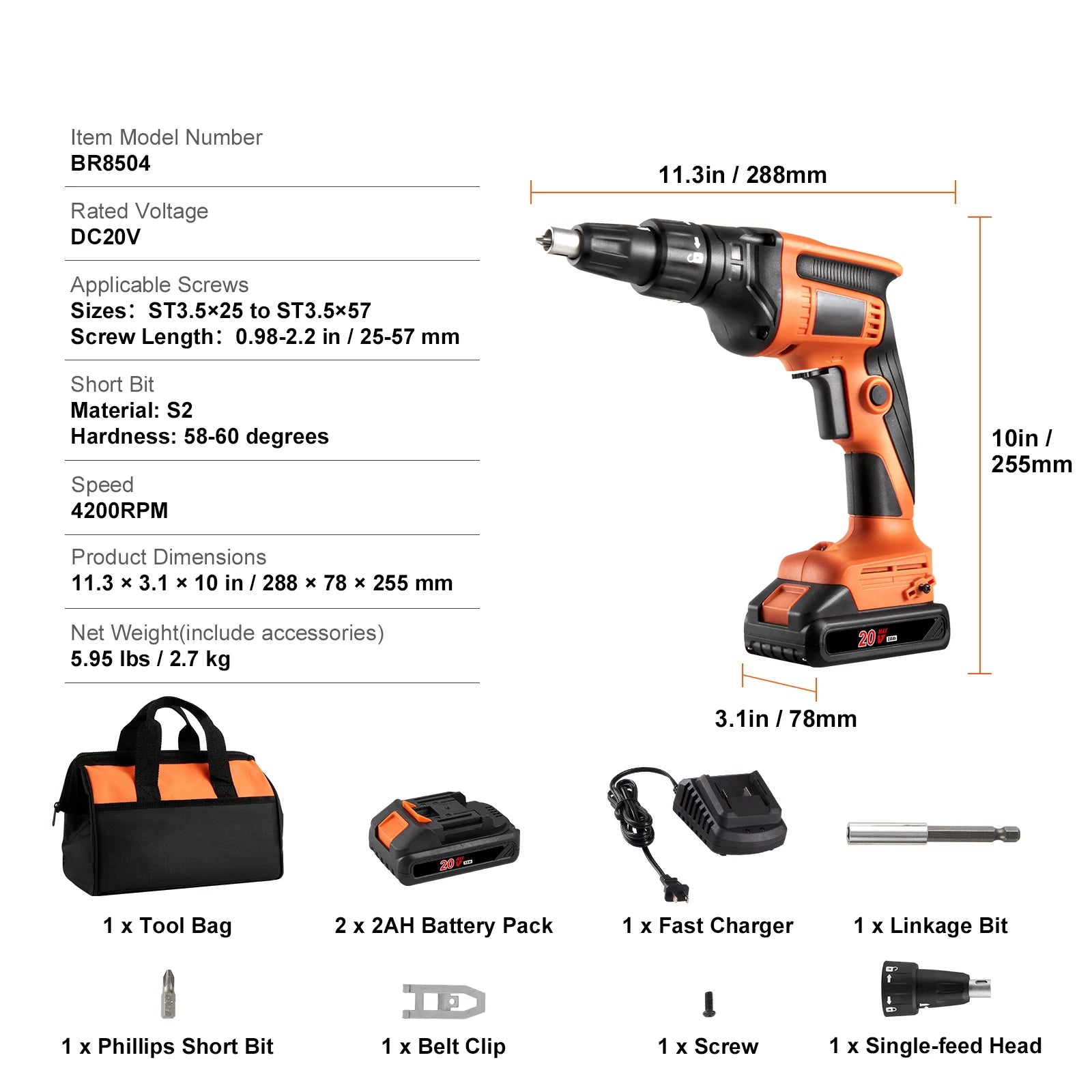 SucceBuy Drywall Screw Gun 20V Max Drywall Screwgun 4200RPM Brushles Cordless Drywall Kit Reverse Adjustable Built-in LED Light