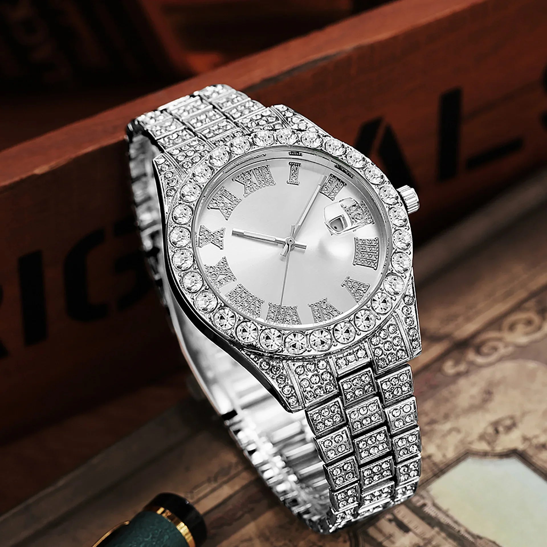 Stainless Steel Men's Watch Full Diamond Gold Quartz Watch Personality Hip-hop Feng Shui Ghost Roman Diamond Inlaid Men's Watch