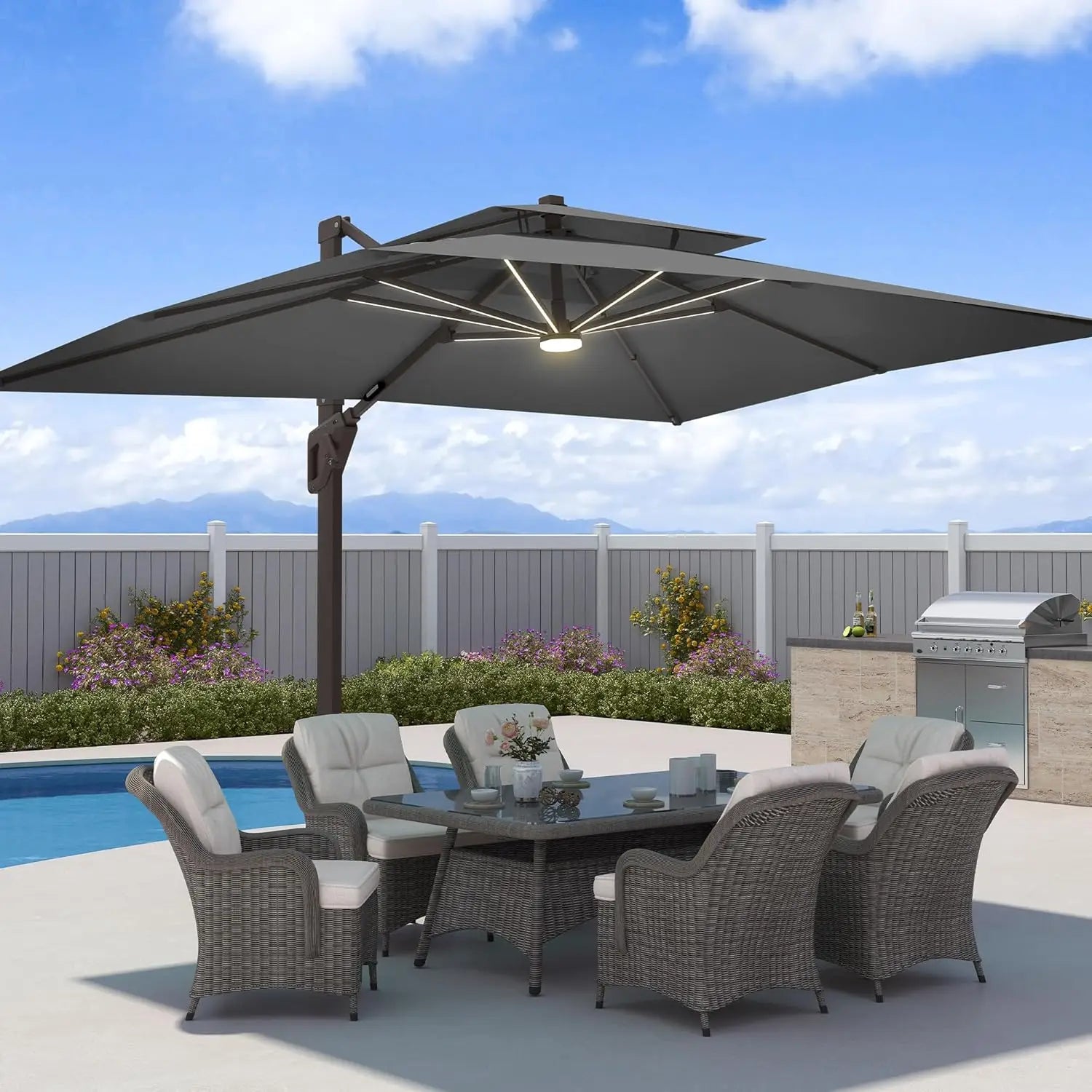 9x12 FT Patio Umbrella with LED Lights Cantilever Outdoor Large Heavy Duty Rectangle Aluminum Offset Umbrellas, Customized