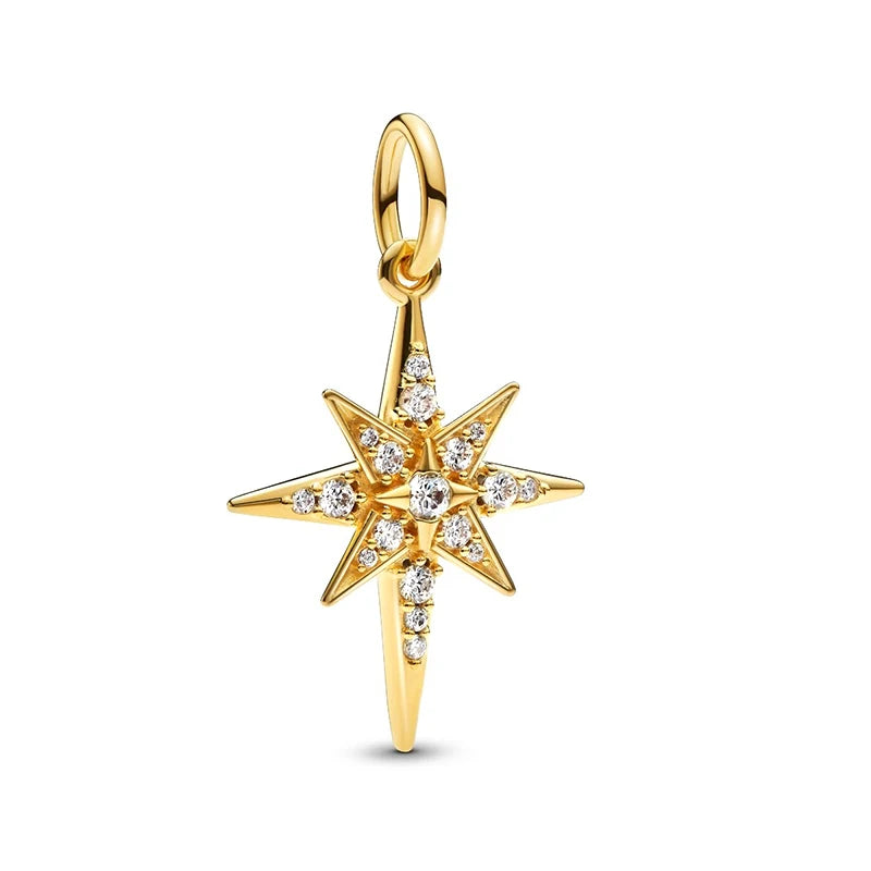 Gold Plated CZ Charms Fit Original Bracelet 925 Sterling Silver Core Heart Star Flower Dangle Beads Luxury DIY Jewelry Gift