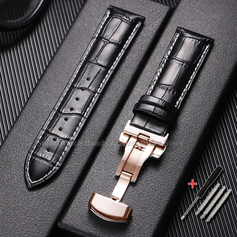 10/12/14/15/16/17/18/19/20/21/22/23/24mm Cowhide Leather Watch Strap Waterproof Sport Wrist Band Metal Butterfly Buckle Bracelet