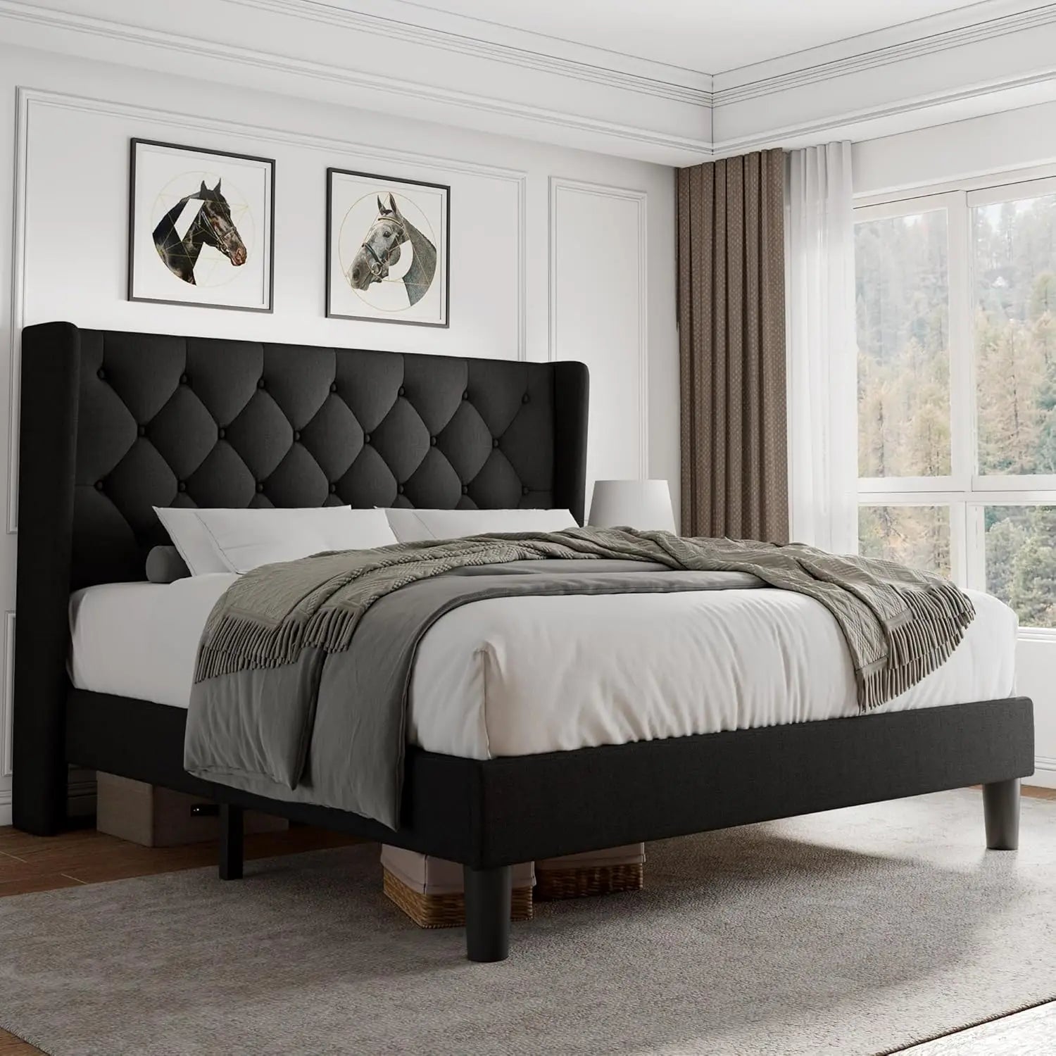 Queen Velvet Platform Bed Button Tufted Upholstered Frame Wooden Slats 8" Underbed Storage No Box Spring Noise Free Easy Assembl